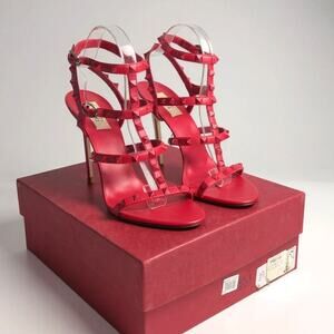 Valentino Garavani Rockstud Cage Heels Red Leather Strappy Ankle Sandals 39.5